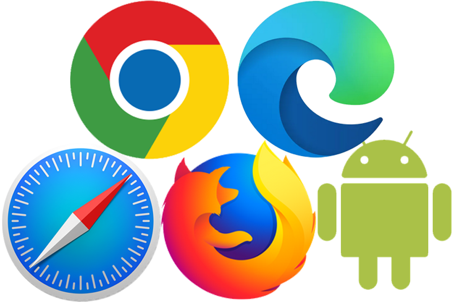 Browser icons: Safari, Chrome, Firefox, Edge, Android