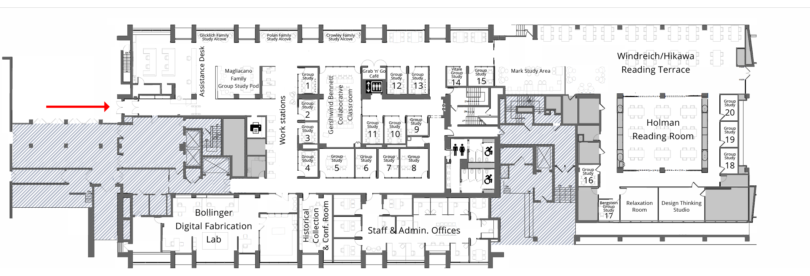 main floor plan, Biotech Commons. Full description is below.