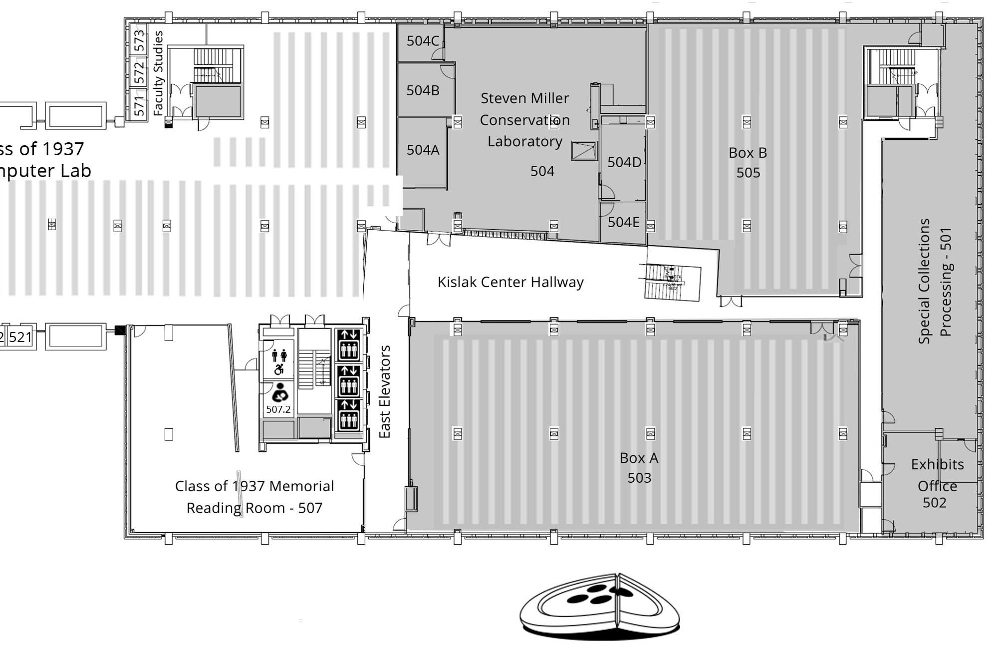 fifth floor plan, east end, Van Pelt-Dietrich Library Center. Full description is linked below.