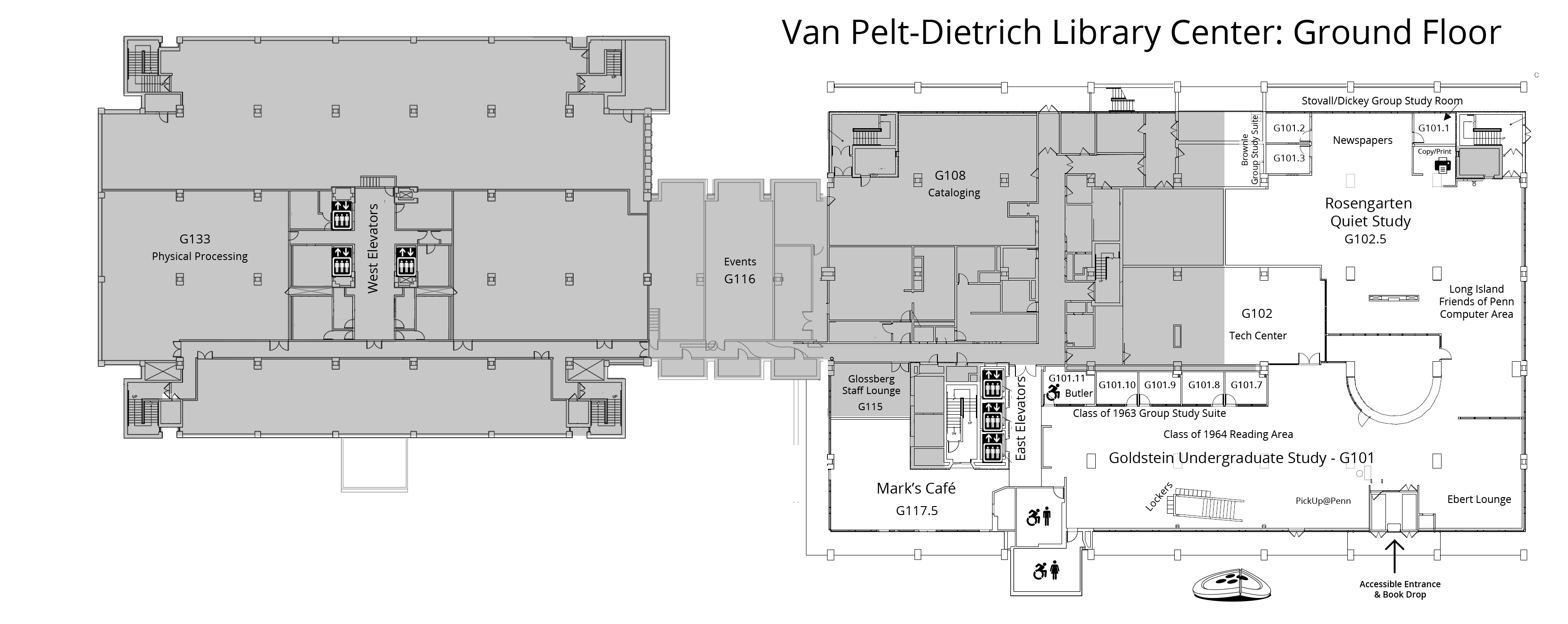 ground floor plan, Van Pelt-Dietrich Library Center. Full description is below.