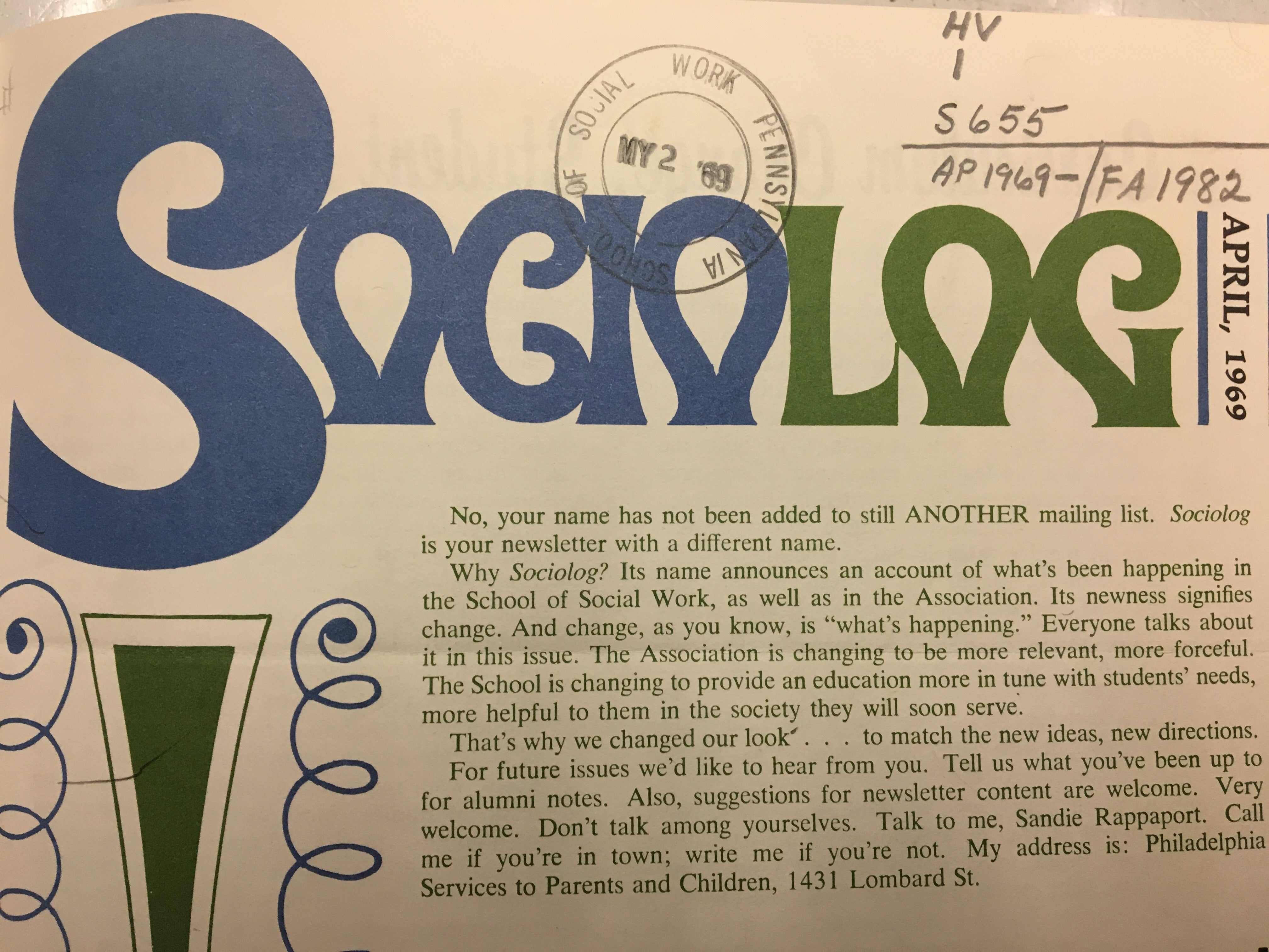 April 1969 cover of Sociolog Newsletter